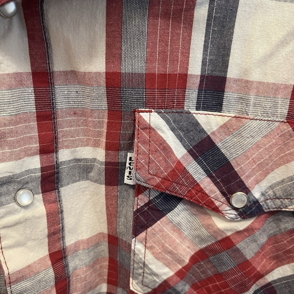 Levis Shirt Red Blue Plaid Long Sleeve Mens XL Western Pearl‎ Snap Cowboy USA - Picture 4 of 8